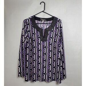Soft by Avenue Geometric Print Beaded Neckline Long Sleeve Tunic Women 14/16